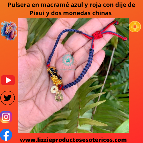 Pulsera en macramé azul y rojo con dije de Pixui y dos monedas chinas