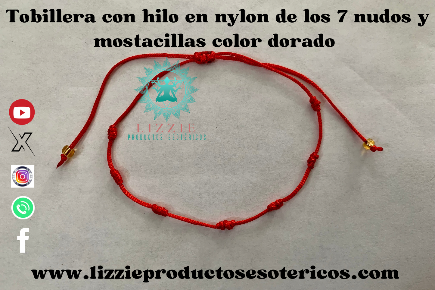 Tobillera con hilo en nylon de los 7 nudos y mostacillas en dorado