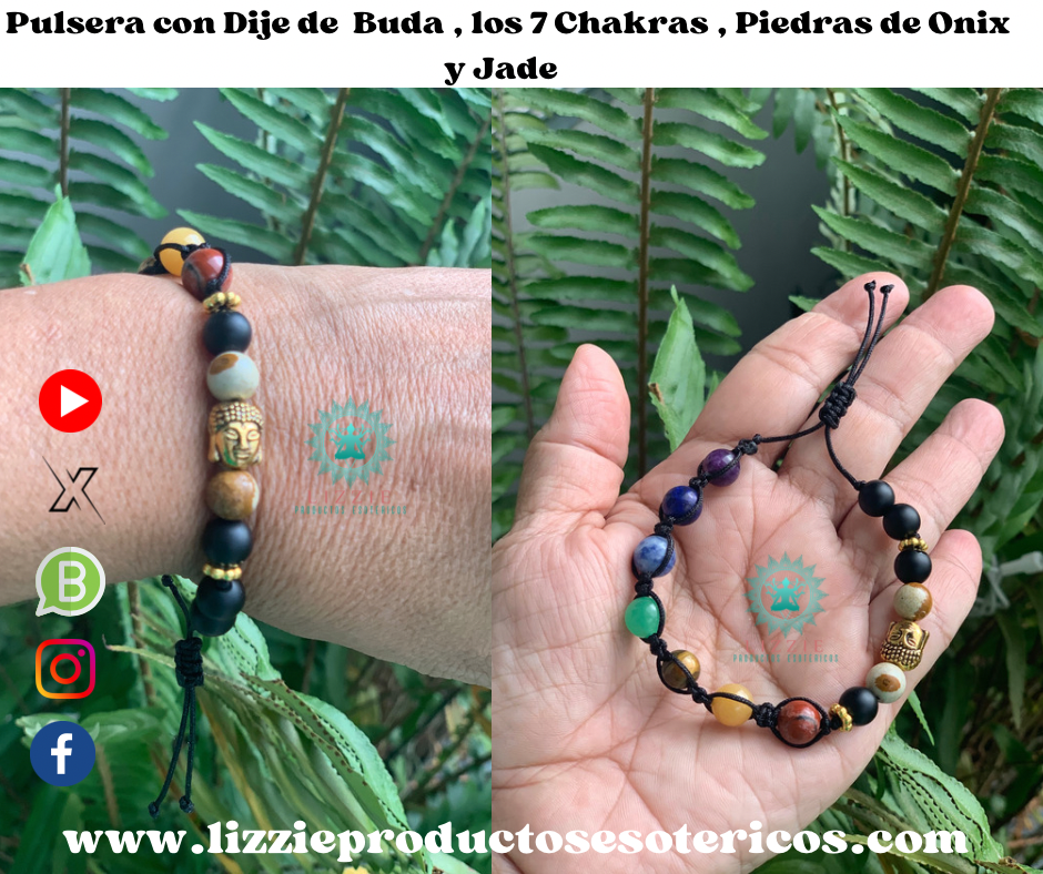 Pulsera con Dije de Buda , los 7 Chakras , Piedra de Onix y Jaspe