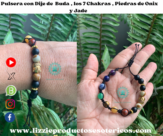 Pulsera con Dije de Buda , los 7 Chakras , Piedra de Onix y Jaspe