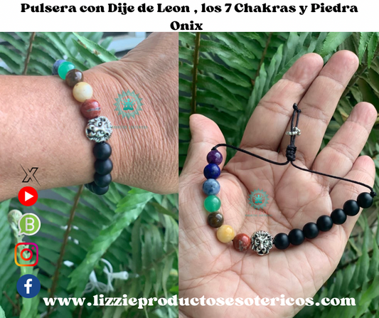 Pulsera con Dije de Leon, los 7 Chakras y Piedra de Onix