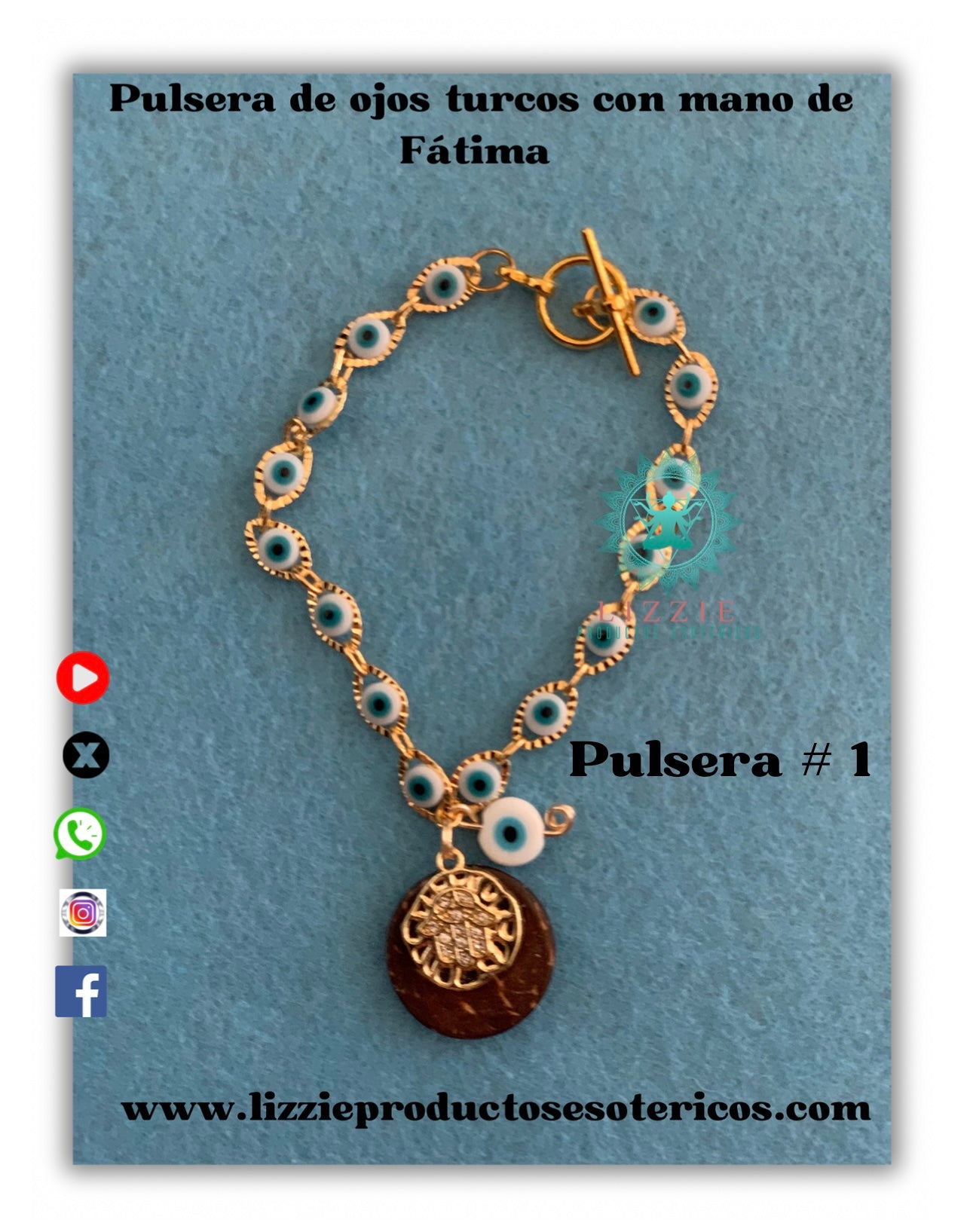 Pulsera en steanless steel con ojos turcos, y mano de Fátima montada en cuenta de coco