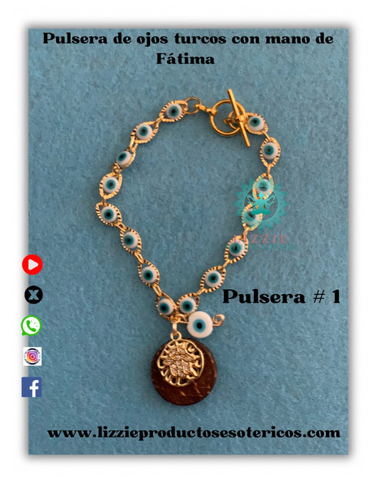 Pulsera en steanless steel con ojos turcos, y mano de Fátima montada en cuenta de coco