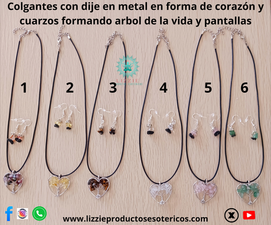 Colgantes con dije en metal en forma de corazón y cuarzos formando árbol de la vida y pantallas