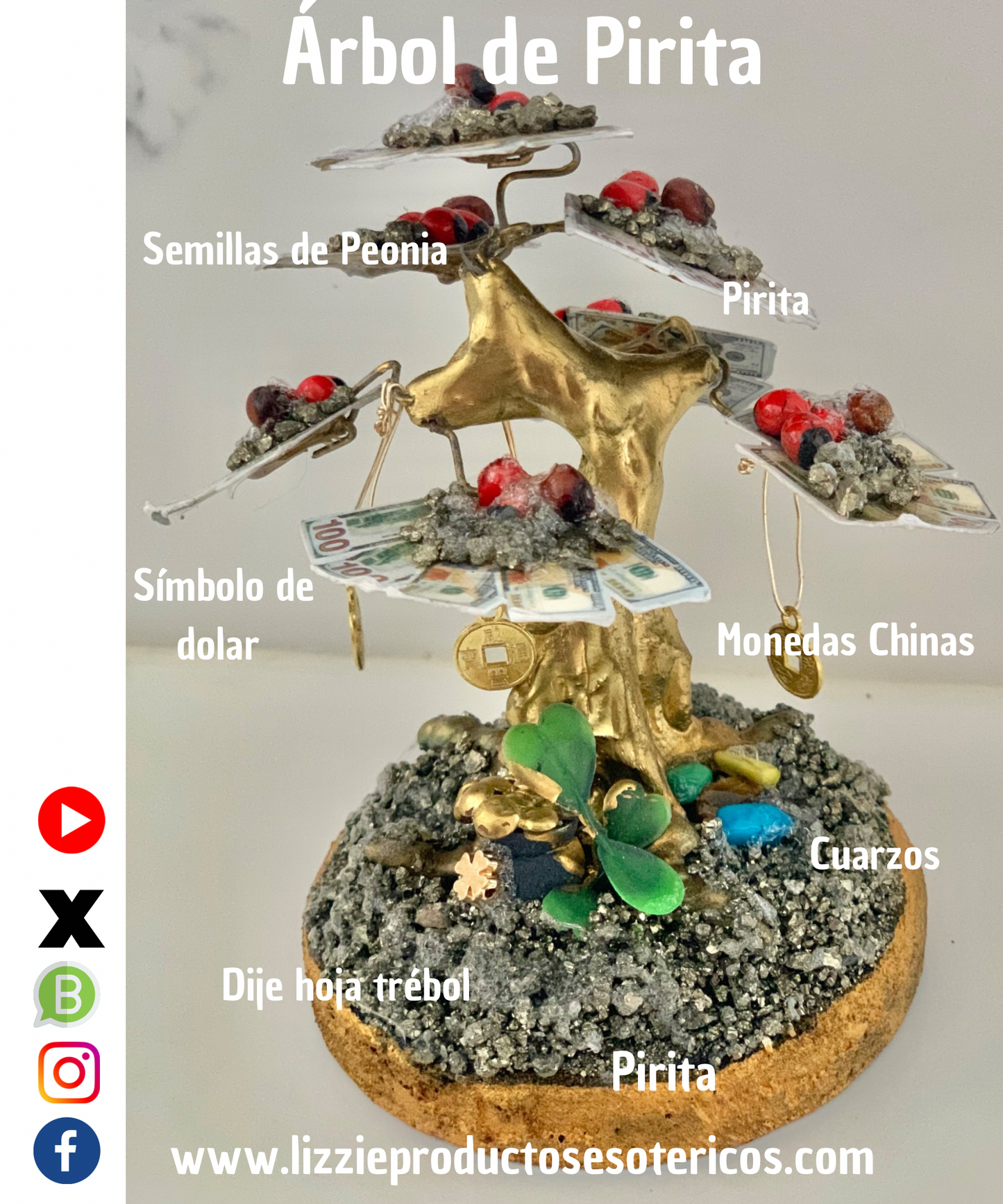 Árbol de Pirita , Pulsera de Cuarzos y 2 Inciensos de Money ( Para  la buena suerte