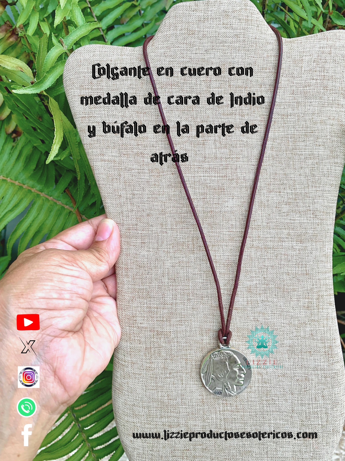 Colgante en hilo de cuero con medalla de doble cara ( Indio y un Búfalo)