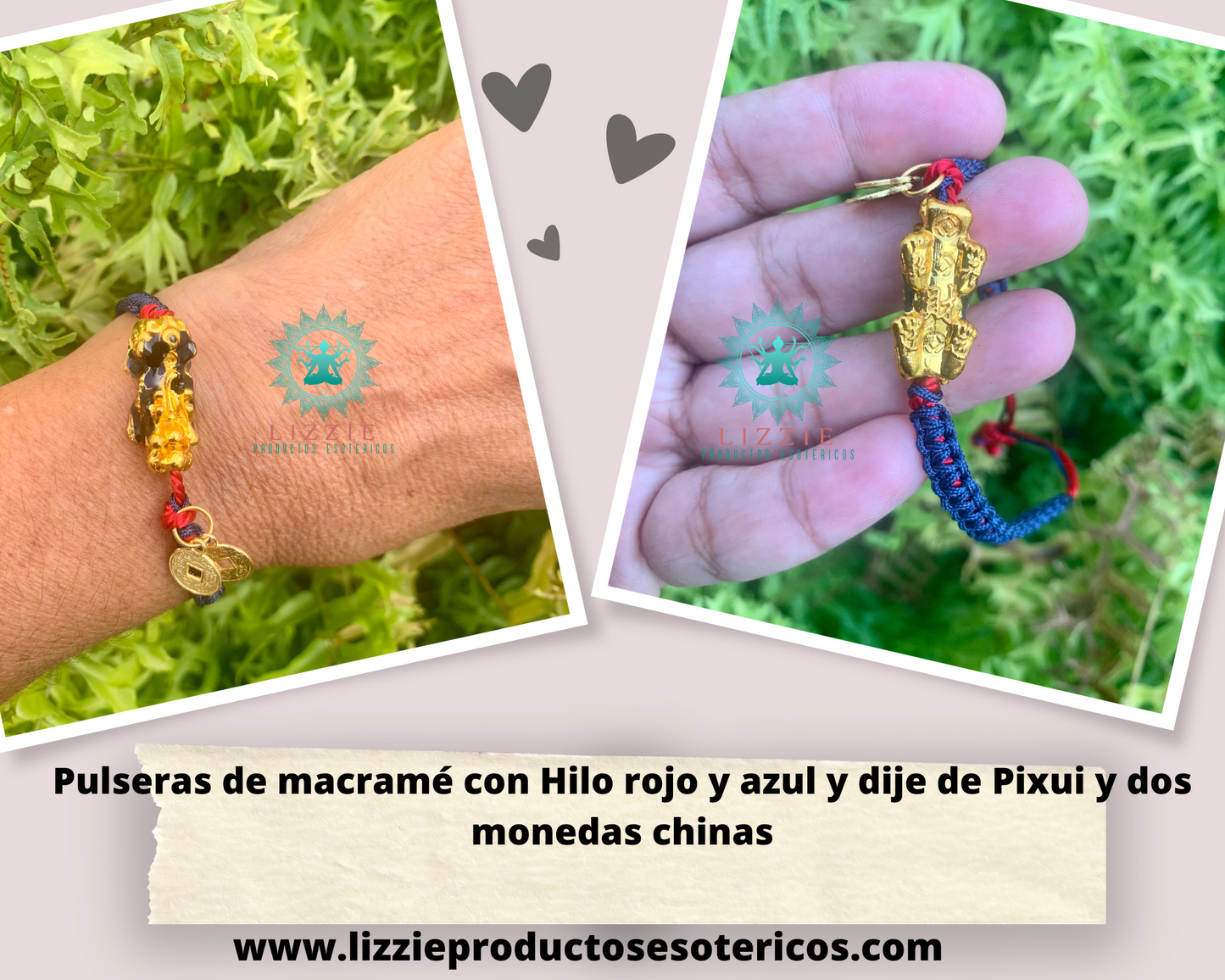 Pulsera en macramé azul y rojo con dije de Pixui y dos monedas chinas