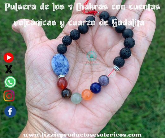 Pulsera de los 7 Chakras con Cuentas Volcánicas y Cuarzo de Sodalita