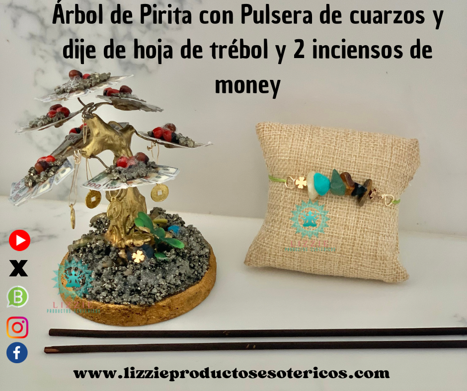 Árbol de Pirita , Pulsera de Cuarzos y 2 Inciensos de Money ( Para  la buena suerte