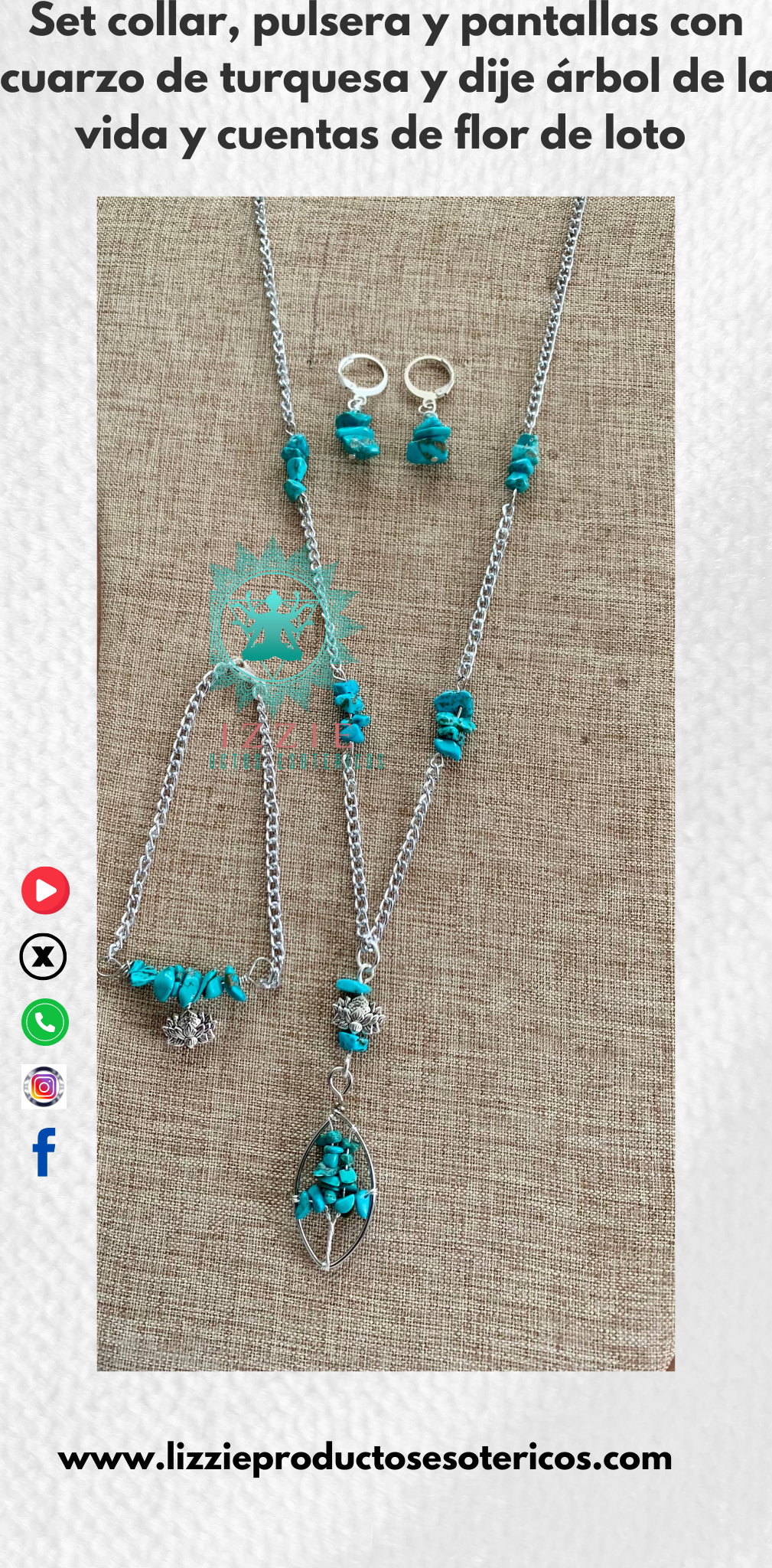 Set de collar, pulsera y pantallas con cuarzo de turquesa, dije árbol de la vida y cuenta de flor de loto