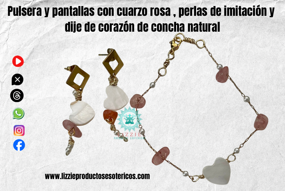 Pulsera y pantallas con cuarzo rosa , perlas de imitación y dije de corazón de concha natural