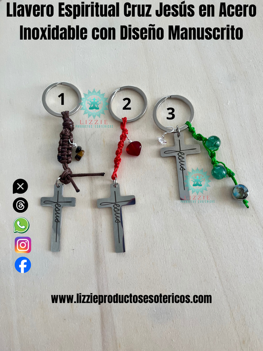Llavero Espiritual Cruz Jesús en Acero Inoxidable con Diseño Manuscrito