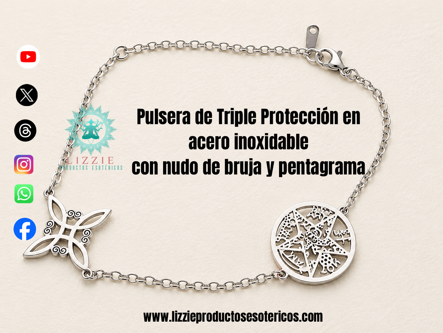 Pulsera de Triple Protección en acero inoxidable con nudo de bruja y pentagrama