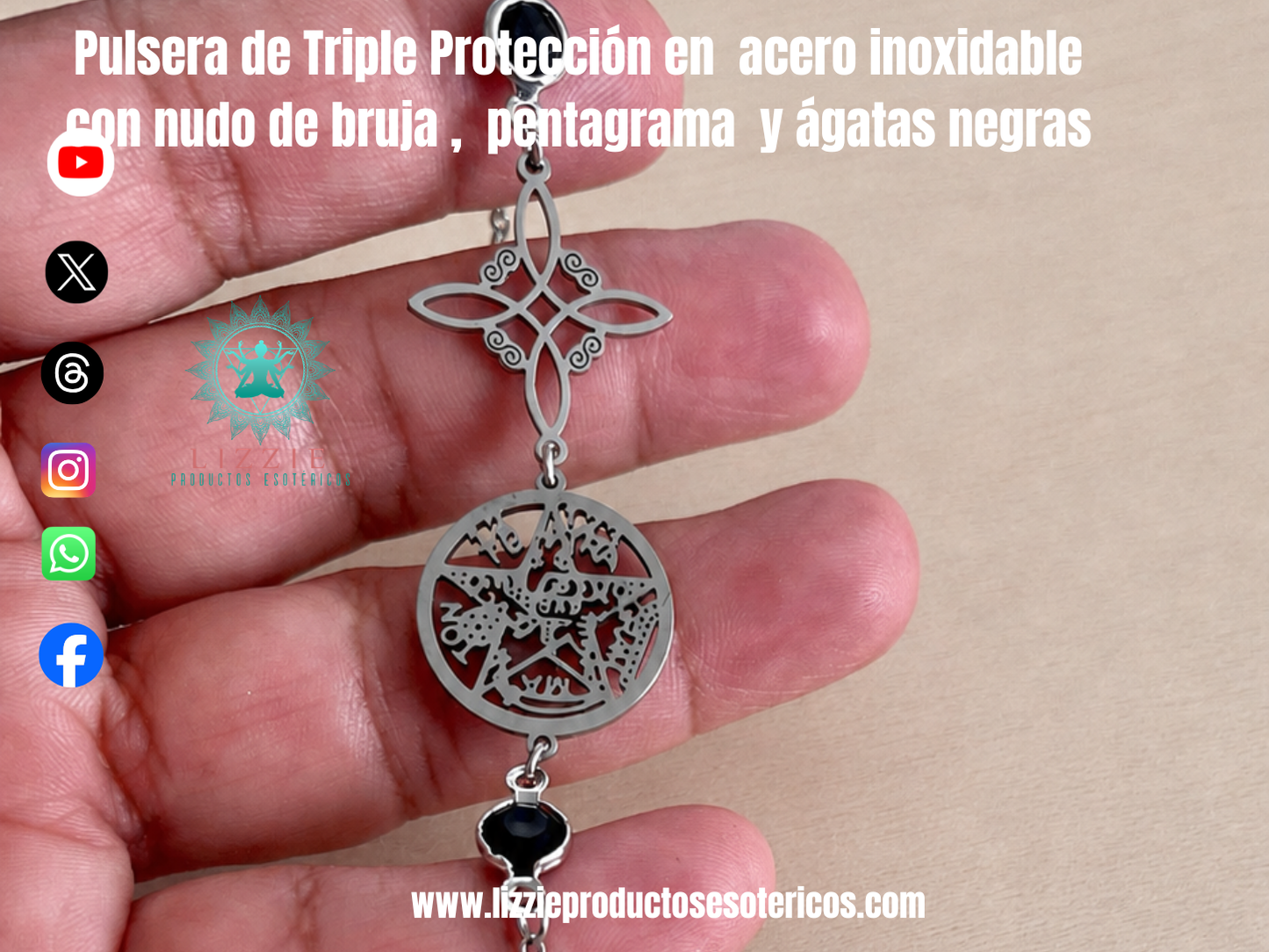 Pulsera de Triple Protección en 
Acero inoxidable con nudo de bruja, pentagrama  y dos ágatas negras