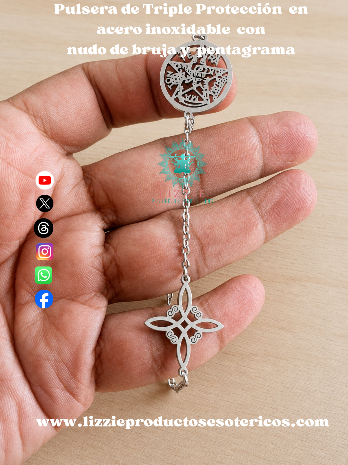 Pulsera de Triple Protección en acero inoxidable con nudo de bruja y pentagrama