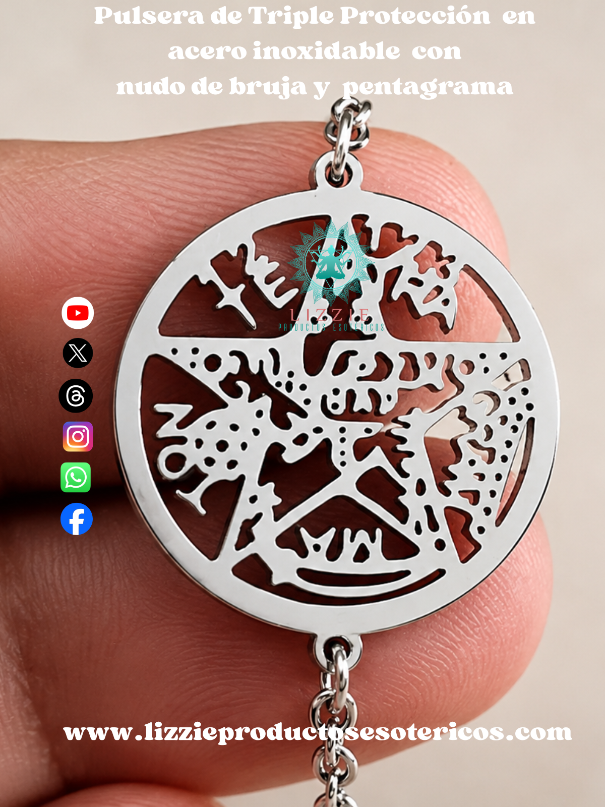Pulsera de Triple Protección en acero inoxidable con nudo de bruja y pentagrama