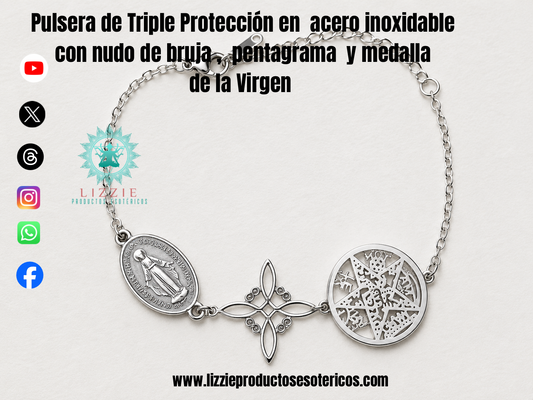 Pulsera de Triple Protección en acero inoxidable con nudo de bruja , pentagrama y medalla de la virgen