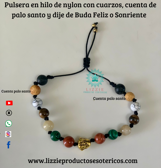 Pulsera en hilo de nylon con cuarzos , cuenta de palo santo y dije de Buda Feliz o Sonriente