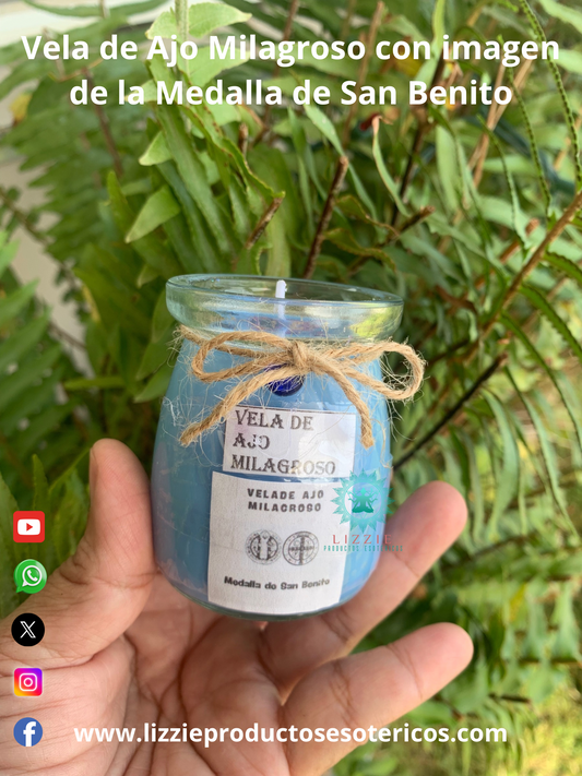 Vela de Ajo Milagroso con imagen de la Medalla de San Benito