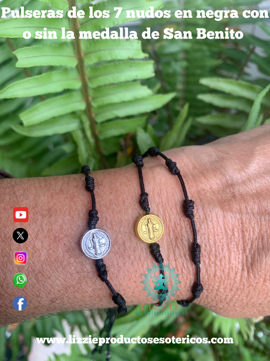 Pulsera de los 7 nudos negra con o sin medalla de San Benito