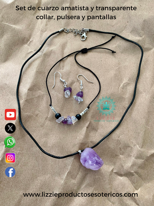 Set de cuarzo amatista y transparente ( collar, pulsera y pantallas )