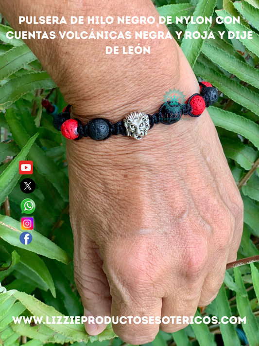 Pulsera en hilo negro de nylon con cuentas volcánicas negra y roja y dije de León