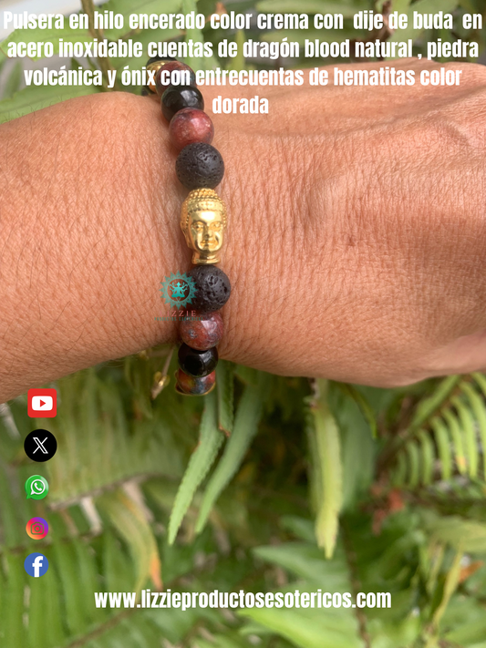 Pulsera en hilo encerado color crema con dije de Buda en acero inoxidable , cuentas de dragón blood natural ,piedra volcánica y ónix con entrecuentas de Hematita color dorada .