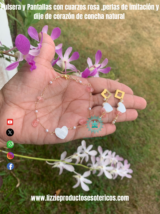 Pulsera y pantallas con cuarzo rosa , perlas de imitación y dije de corazón de concha natural
