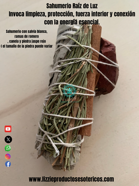 Sahumerio “ Raíz de Luz ” con salvia blanca , ramitas de romero , canela y piedra de jaspe rojo ( tamaño puede variar