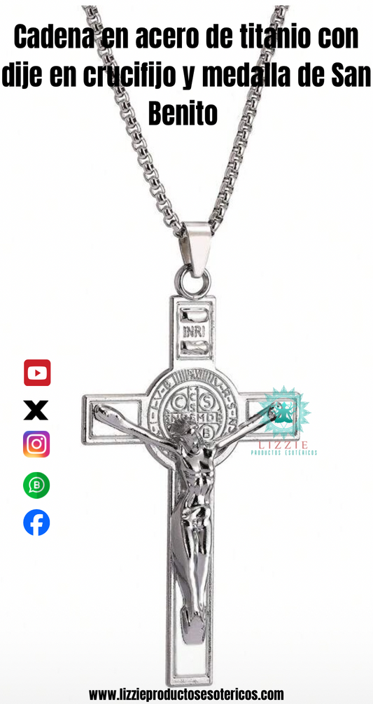Cadena en acero de titanio con dije en crucifijo y medalla de San Benito
