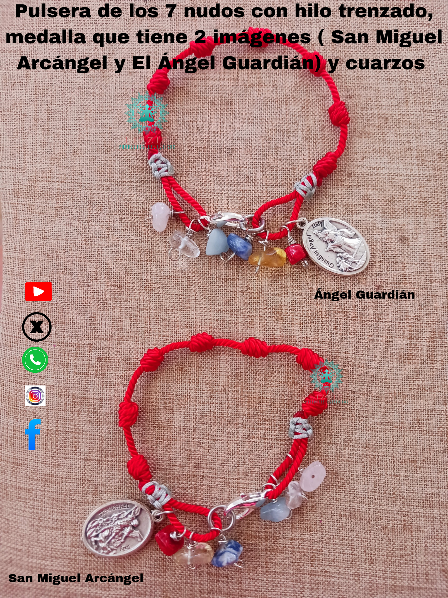 Pulsera de los 7 nudos con hilo trenzado con medalla que tiene 2 imágenes ( Medalla de San Miguel Arcángel y El Ángel Guardián) y cuarzos