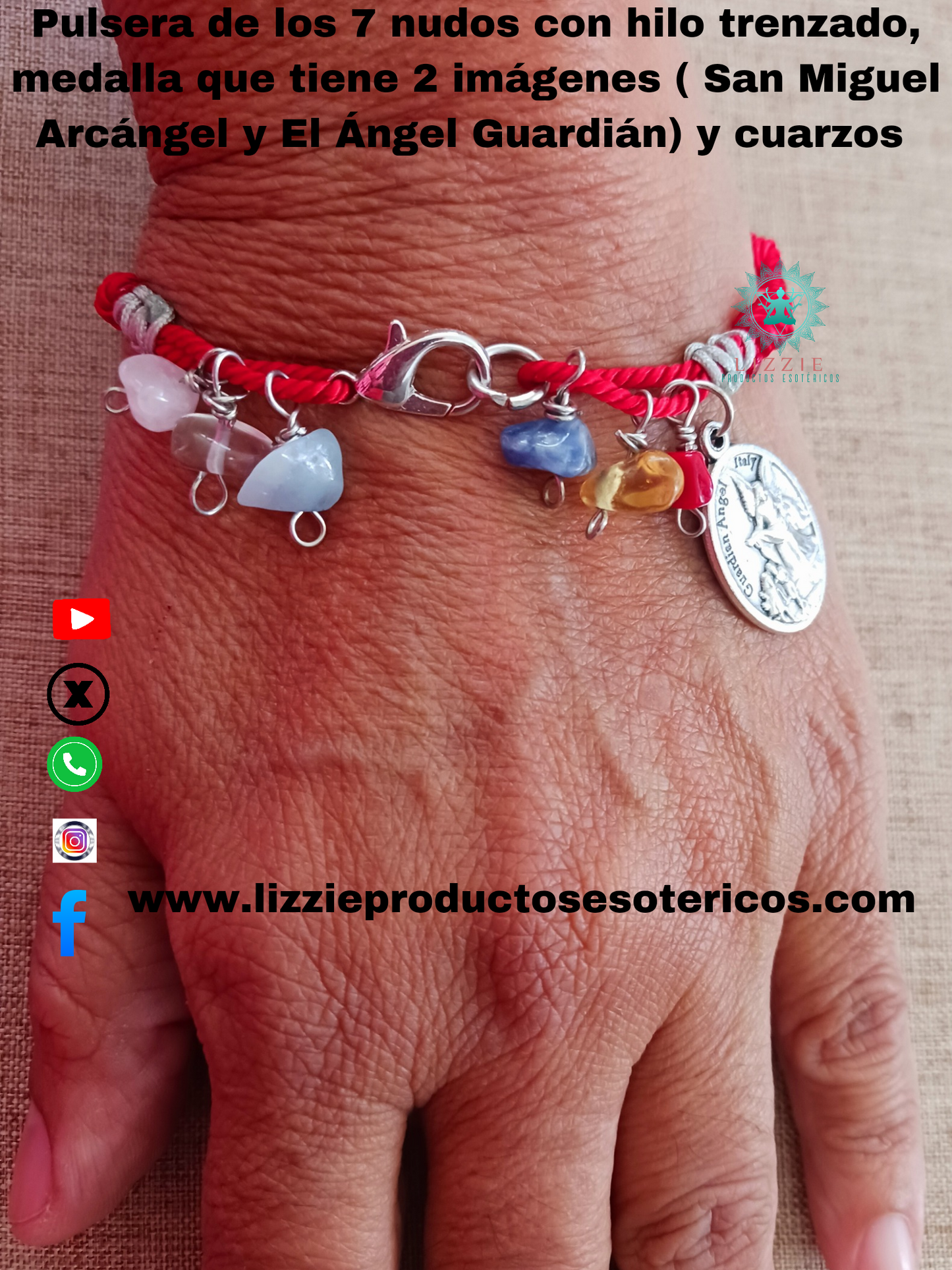 Pulsera de los 7 nudos con hilo trenzado con medalla que tiene 2 imágenes ( Medalla de San Miguel Arcángel y El Ángel Guardián) y cuarzos