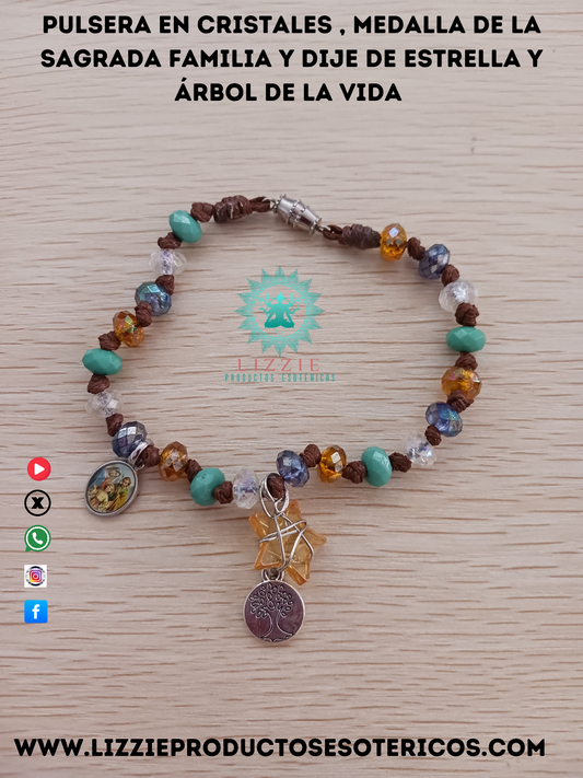 Pulsera en cristales, medalla de la sagrada familia ,dije de estrella y árbol de la vida