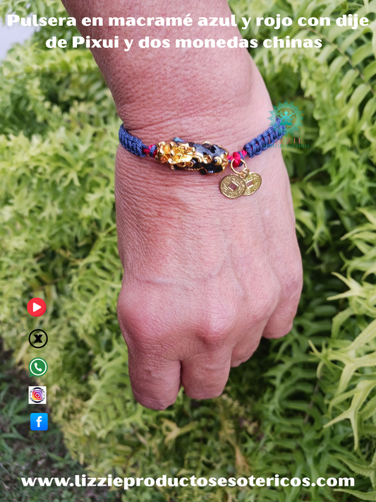 Blue and red macramé bracelet with Pixui charm and two Chinese coins